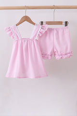 Pink seersucker ruffle shorts set