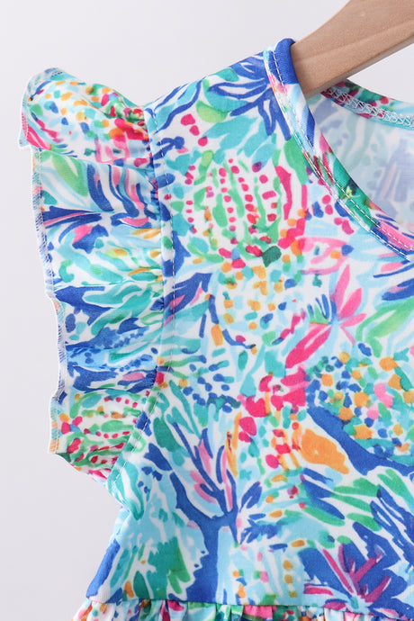 Blue floral print ruffle shorts set