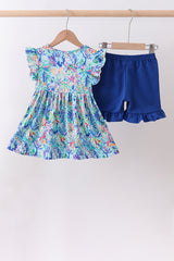 Blue floral print ruffle shorts set