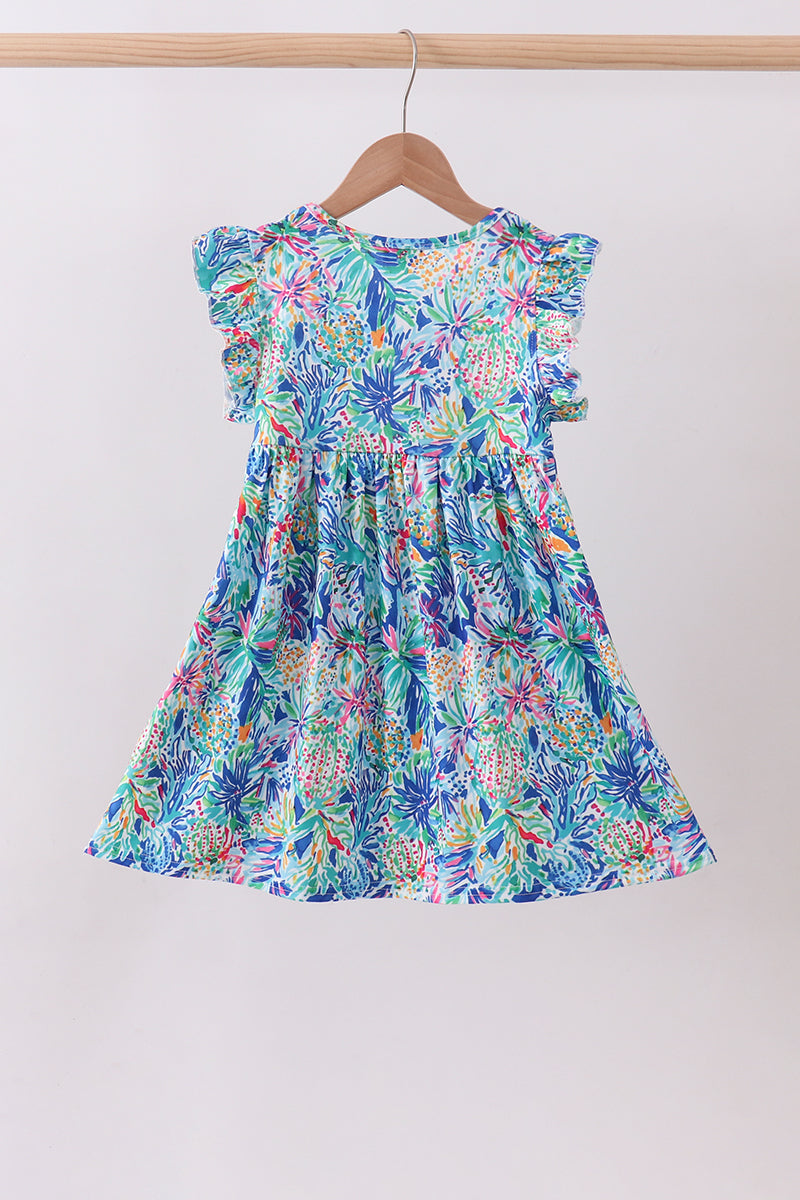 Blue floral print ruffle dress
