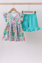 Blue bright floral ruffle shorts set