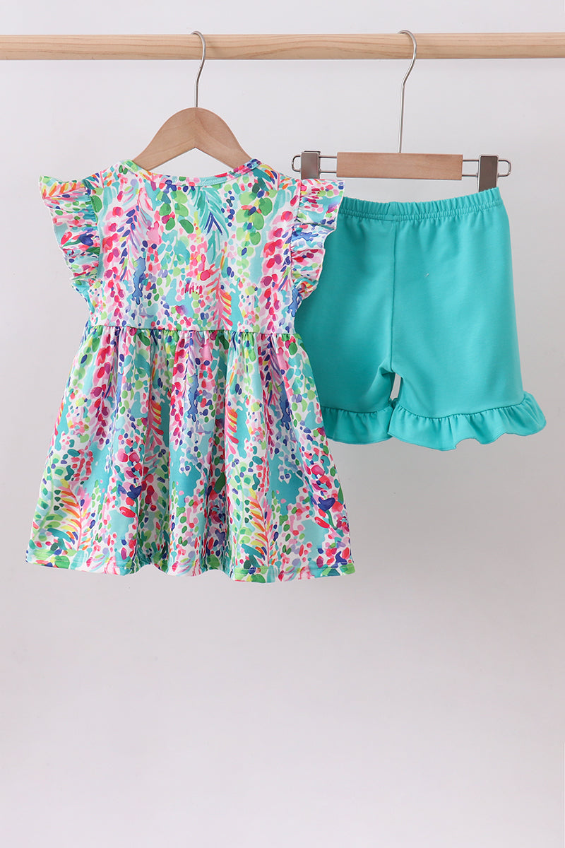 Blue bright floral ruffle shorts set