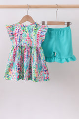 Blue bright floral ruffle shorts set