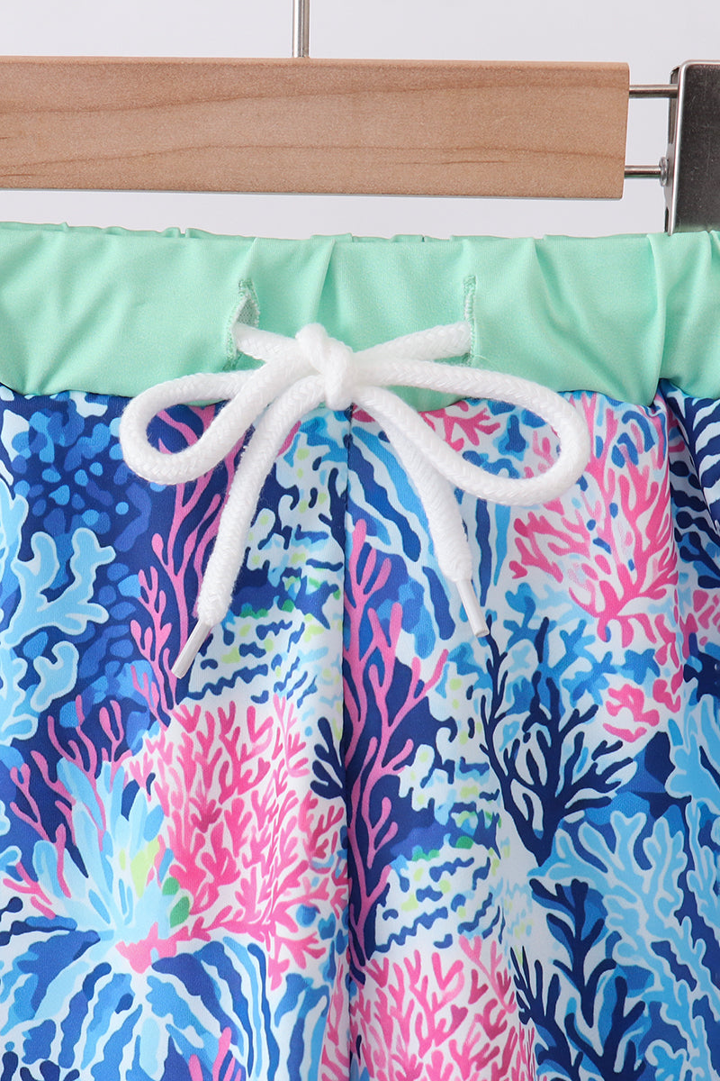 Blue marine creature print swim trunks