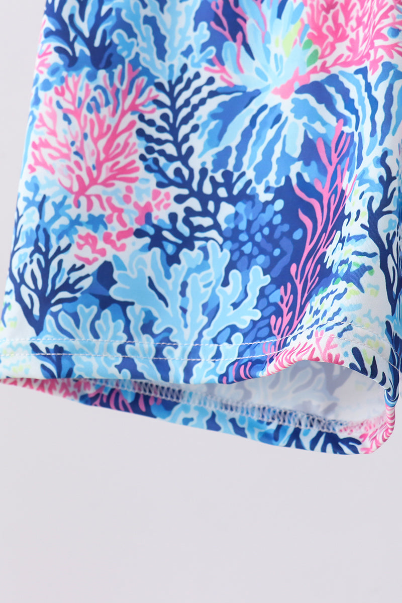 Blue marine creature print swim trunks