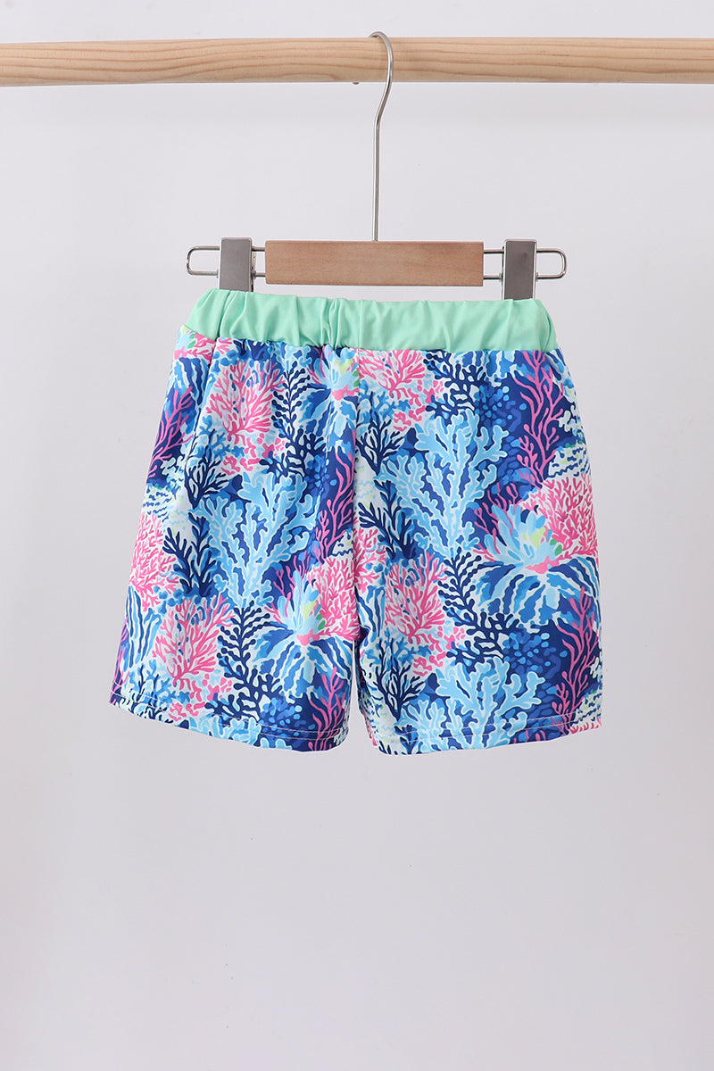 Blue marine creature print swim trunks