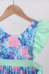 Blue marine creature print ruffle dress