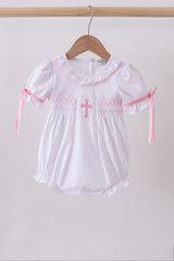 White cross smocked ruffle bubble