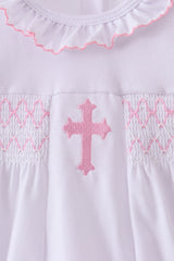 White cross smocked ruffle bubble