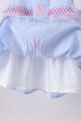 Blue seersucker bow smocked ruffle shorts set