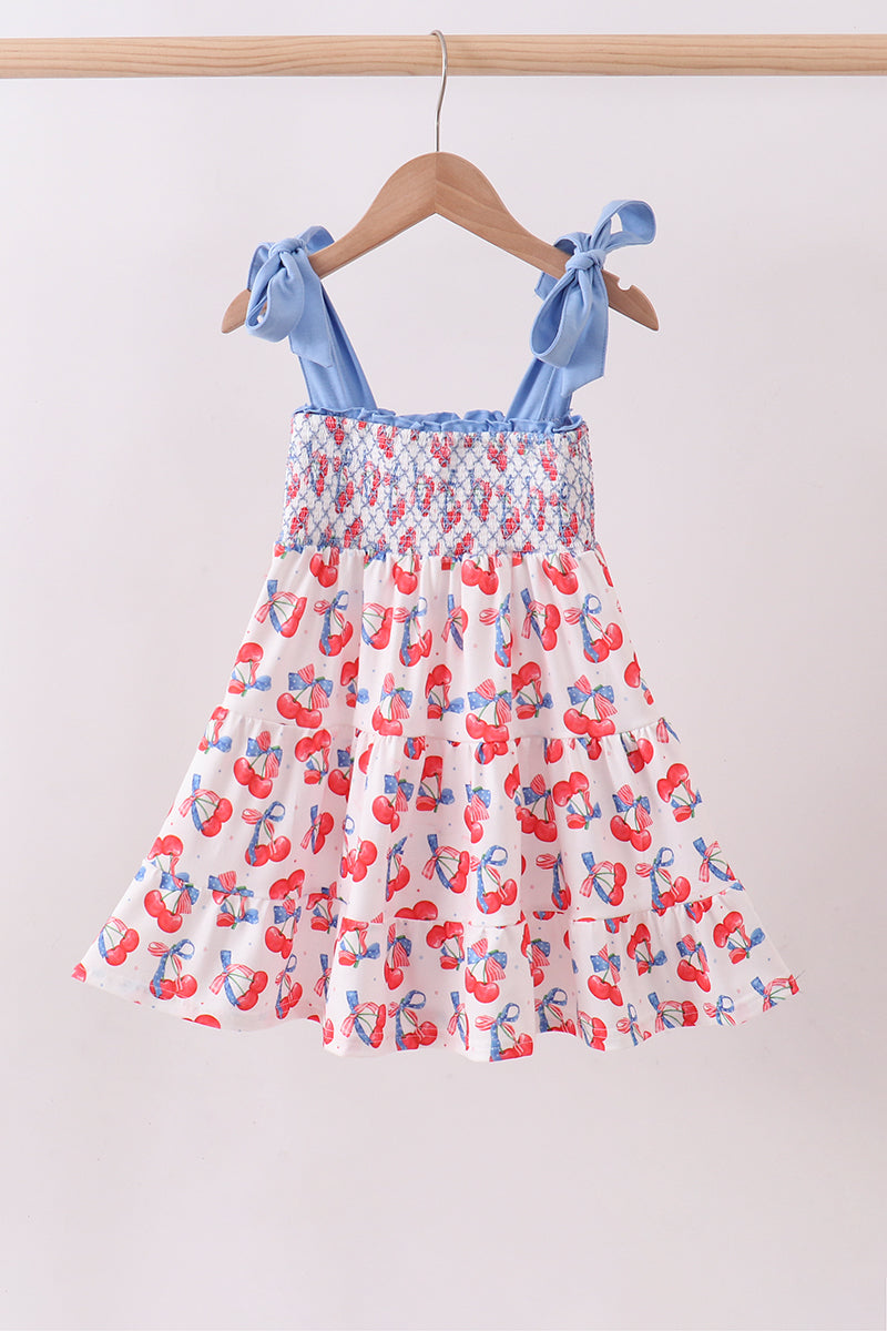 Blue cherry smocked tiered mom&me dress