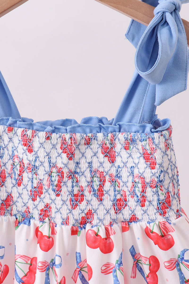 Blue cherry smocked tiered mom&me dress