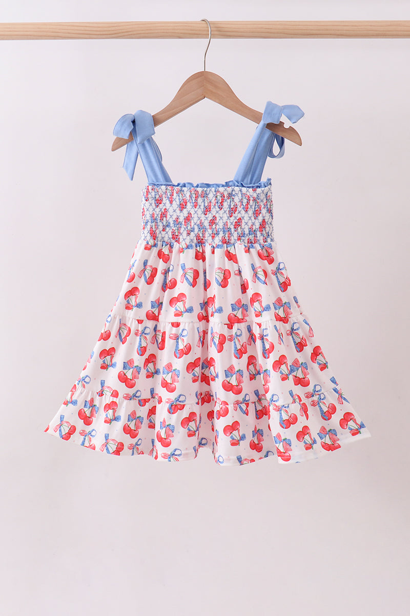 Blue cherry smocked tiered mom&me dress