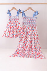 Blue cherry smocked tiered mom&me dress