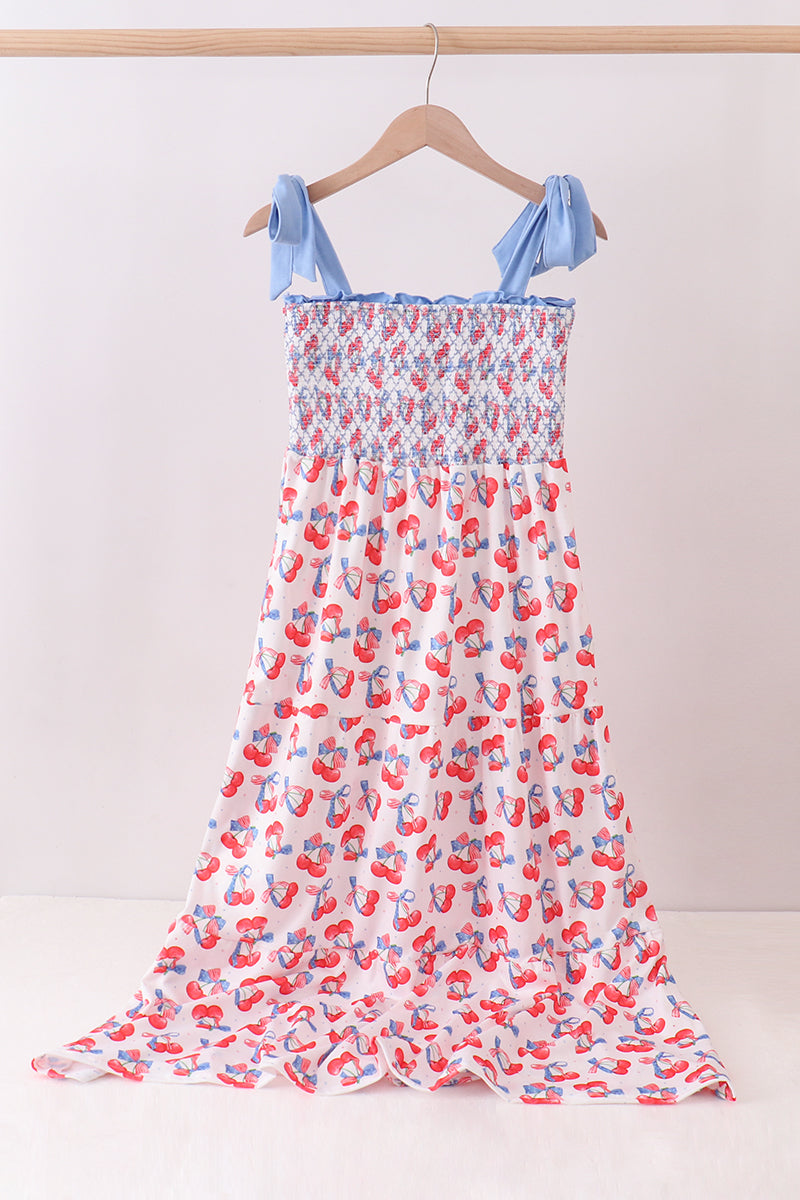 Blue cherry smocked tiered mom&me dress