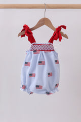 Blue flag embroidery seersucker bow bubble