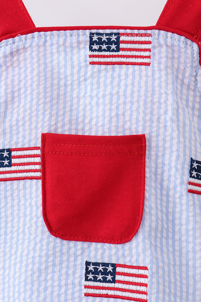 Blue flag embroidery seersucker pocket bubble