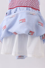 Blue flag embroidery seersucker ruffle dress