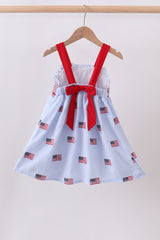 Blue flag embroidery seersucker ruffle dress