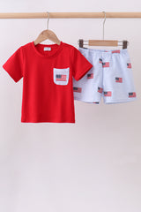 Blue flag embroidery seersucker shorts set