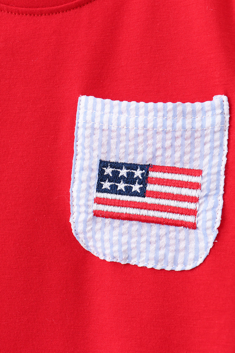 Blue flag embroidery seersucker shorts set