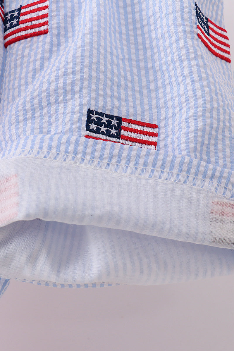 Blue flag embroidery seersucker shorts set