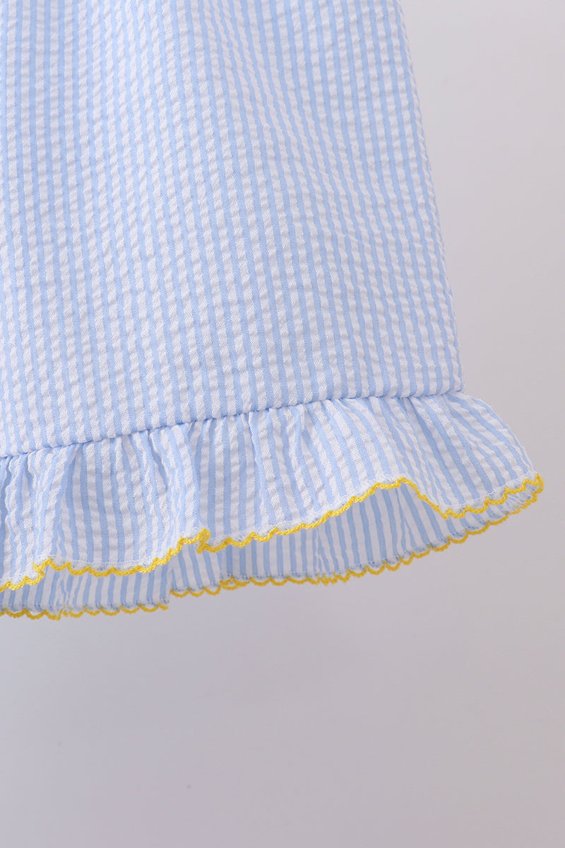 Blue lemon embroidery seersucker ruffle shorts set