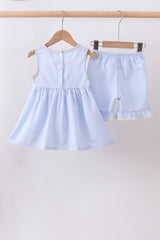 Blue lemon embroidery seersucker ruffle shorts set
