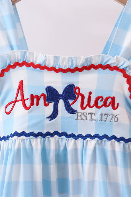 Blue America embroidery gingham ruffle shorts set