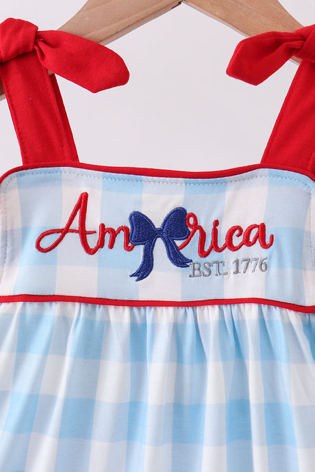 Blue America embroidery gingham ruffle dress