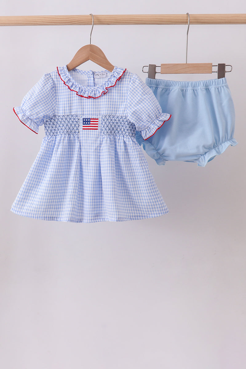 Blue flag smocked ruffle bloomer set