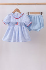 Blue flag smocked ruffle bloomer set