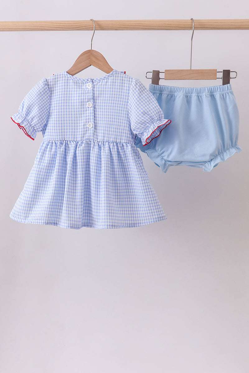 Blue flag smocked ruffle bloomer set