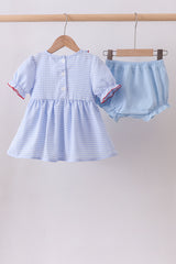 Blue flag smocked ruffle bloomer set