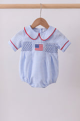 Blue flag smocked peter pan collar gingham bubble