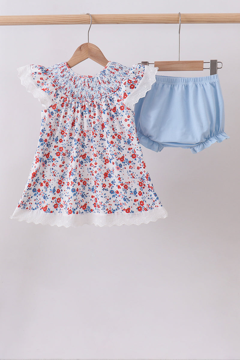 Blue floral lace smocked bloomer set