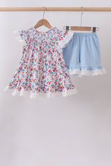 Blue floral lace smocked shorts set