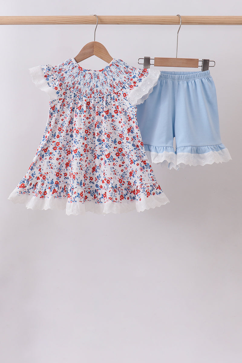 Blue floral lace smocked shorts set – Honeydew USA