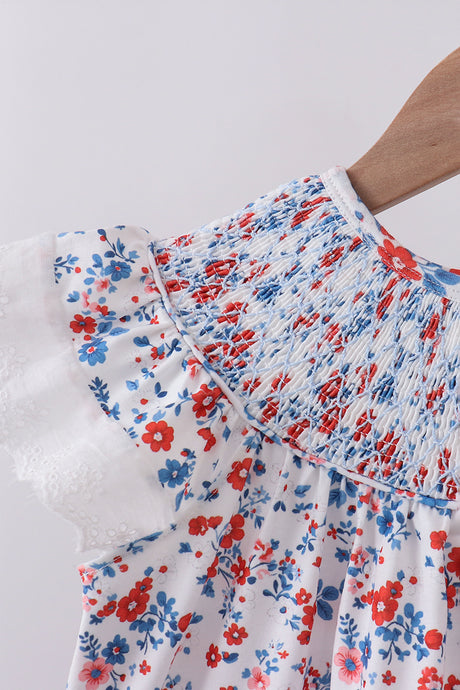 Blue floral lace smocked shorts set