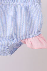 Blue stripe seersucker crab embroidery 2pc ruffle swimsuit