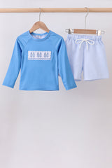 Blue crab embroidery stripe shorts swimsuit