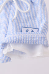 Blue stripe seersucker crab embroidery swim trunks
