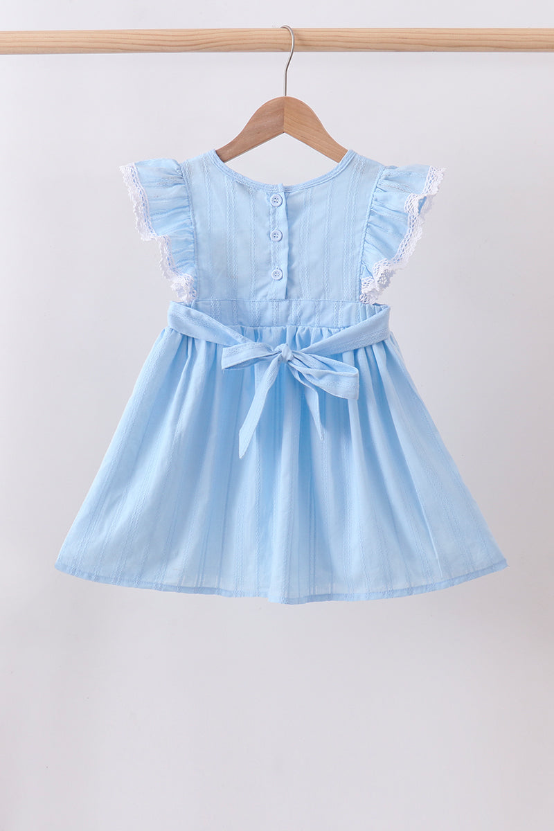 Blue flag smocked jacquard ruffle dress