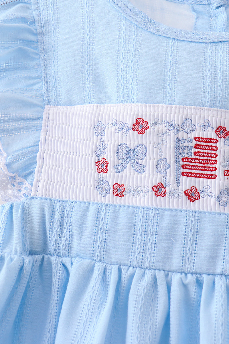 Blue flag smocked jacquard ruffle dress