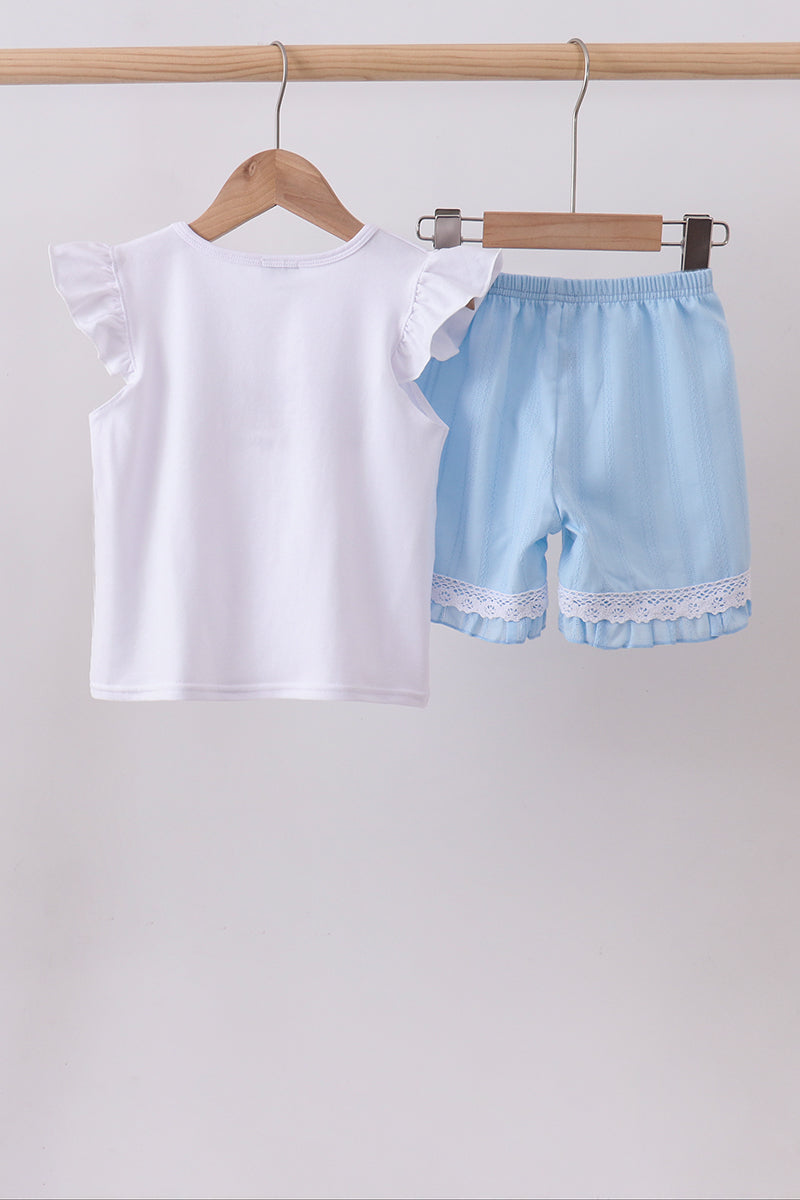 Blue flag smocked jacquard ruffle shorts set