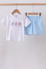 Blue flag smocked jacquard shorts set