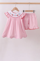 Pink fireworks flag smocked jacquard scalloped ruffle shorts set