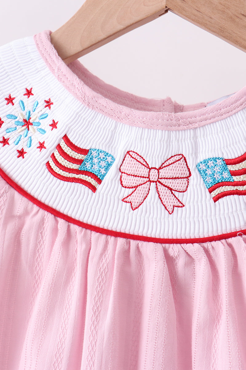 Pink fireworks flag smocked jacquard scalloped ruffle shorts set