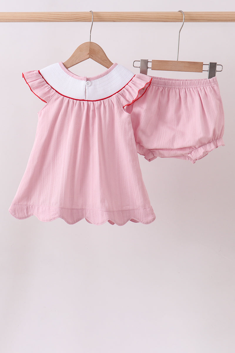 Pink fireworks flag smocked jacquard scalloped ruffle bloomer set