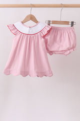 Pink fireworks flag smocked jacquard scalloped ruffle bloomer set